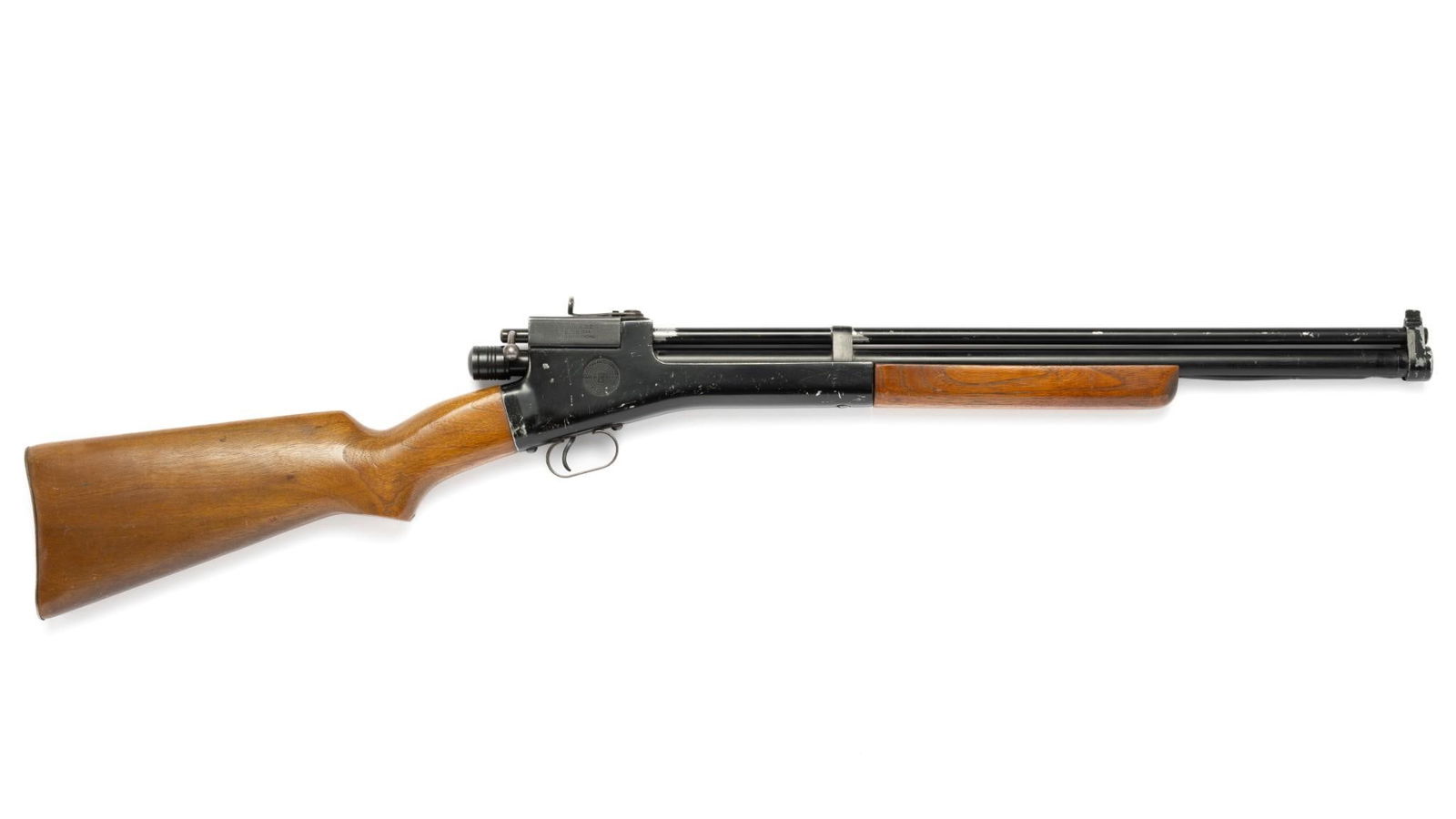 Vintage Crosman Pump Charged Bolt Rifle, Caliber .22 Pellet: Serial Number: NSN Design: Here is a vintage Crosman pellet rifle marked "Crosman .22/ Pat. Oct. 28, 1924." Built at Rochester, NY and so marked. Hand pump air charger with bolt action. Loading tube o