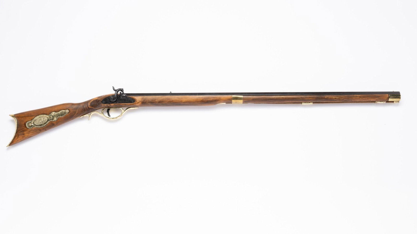 Toy Flintlock Muzzleloading Style Gun: No maker's mark. Non-functioning. Patch box for appearances only. Nipple is solid, can't be fired.
