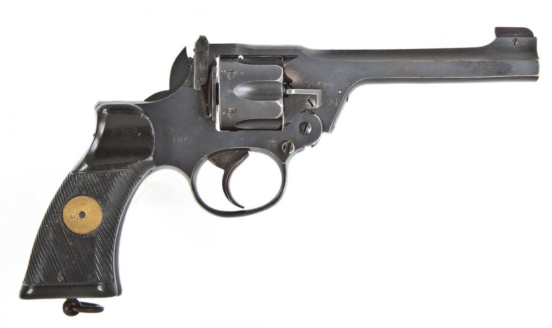 British Enfield MK I No. 2 Revolver - .38 S&W: SERIAL #: 8970 DESIGN: Double-action revolver with six shot cylinder. 5" barrel. MATERIAL/FINISH COMPOSITION: Blued steel. Black serrated wood grip panels. FEATURES: Blade front sight. Rear notched si