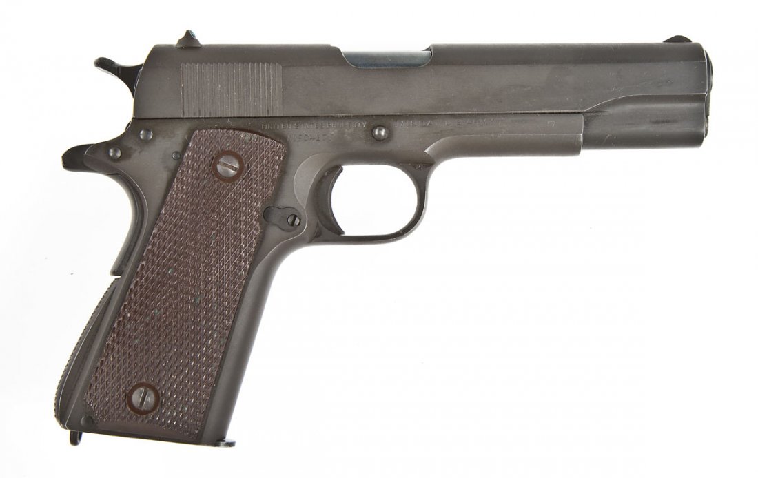 Colt 1911A1 Army Pistol - .45 Auto: SERIAL #: 904177 DATE OF MANF: 1943 DESIGN: Semi-automatic with detachable magazine. 5" barrel. MATERIAL/FINISH COMPOSITION: Parkerized steel. Checkered wood grip panels. FEATURES: Blade front sight. 