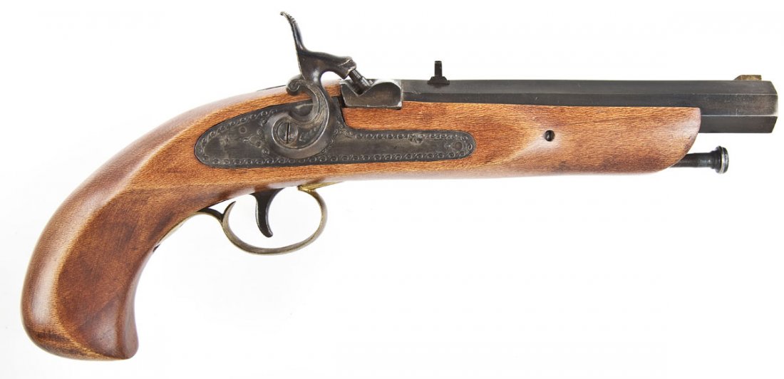Unmarked Black Powder Pistol - .45 Cal.: SERIAL #: None DESIGN: Percussion single shot pistol. 6-1/2” barrel. MATERIAL/FINISH COMPOSITION: Blued steel. Wood stock. FEATURES: Brass blade front sight. Dovetailed rear sight. Modestly engraved