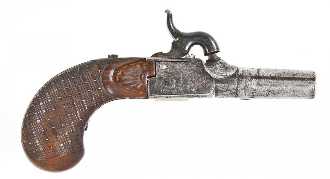 ELG Marked Percussion Pistol - .45 Cal.: SERIAL #: None. DESIGN: Belgian made single shot pistol. 2" barrel. MATERIAL/FINISH COMPOSITION: Plated steel. Checkered wood grip. FEATURES: Blade front sight. Folding trigger. Bottom rear of barrel 