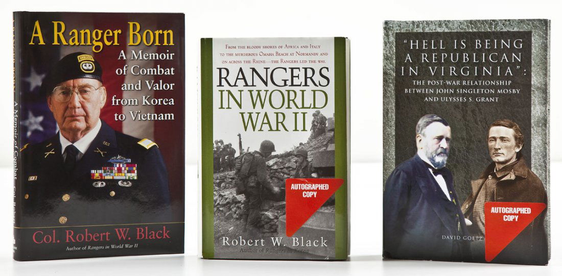3 Military Hardcover Books Incl Signed: DESCRIPTION: Three military books. Includes: 1) "Rangers in World War II" written by Colonel Robert W. Black. This volume is signed by the author. It is also signed by thirty rangers who participated