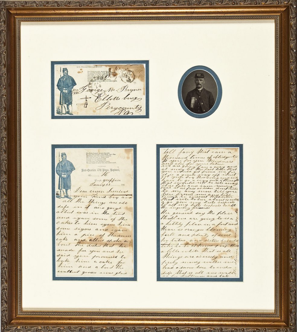 Civil War Letter & Photo Jerome Bryner 47th PA: DESCRIPTION: A four page Civil War letter on 47th Pennsylvania Regiment headquarters stationary written by Jerome Bryner of Company H dated January 10, 1862 from Camp Griffin and written to his cousin