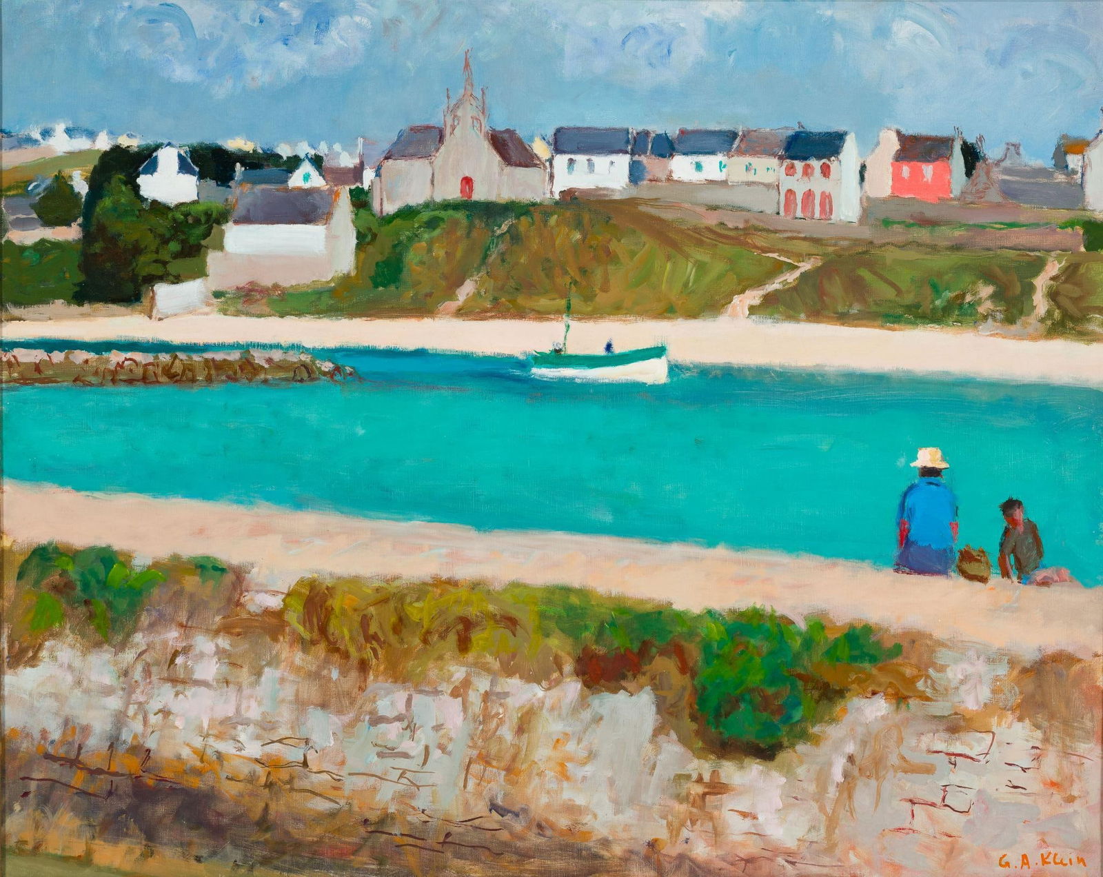 Georges Klein (French, 1901-1992) Oil on Canvas: NOT ELIGIBLE FOR IN-HOUSE SHIPPING. DESCRIPTION: Georges Andre Klein, French 1901 - 1992. "Village Near The Sea" oil on canvas painting. MEASUREMENT: 25" X 32", 36 3/4" X 43" framed.