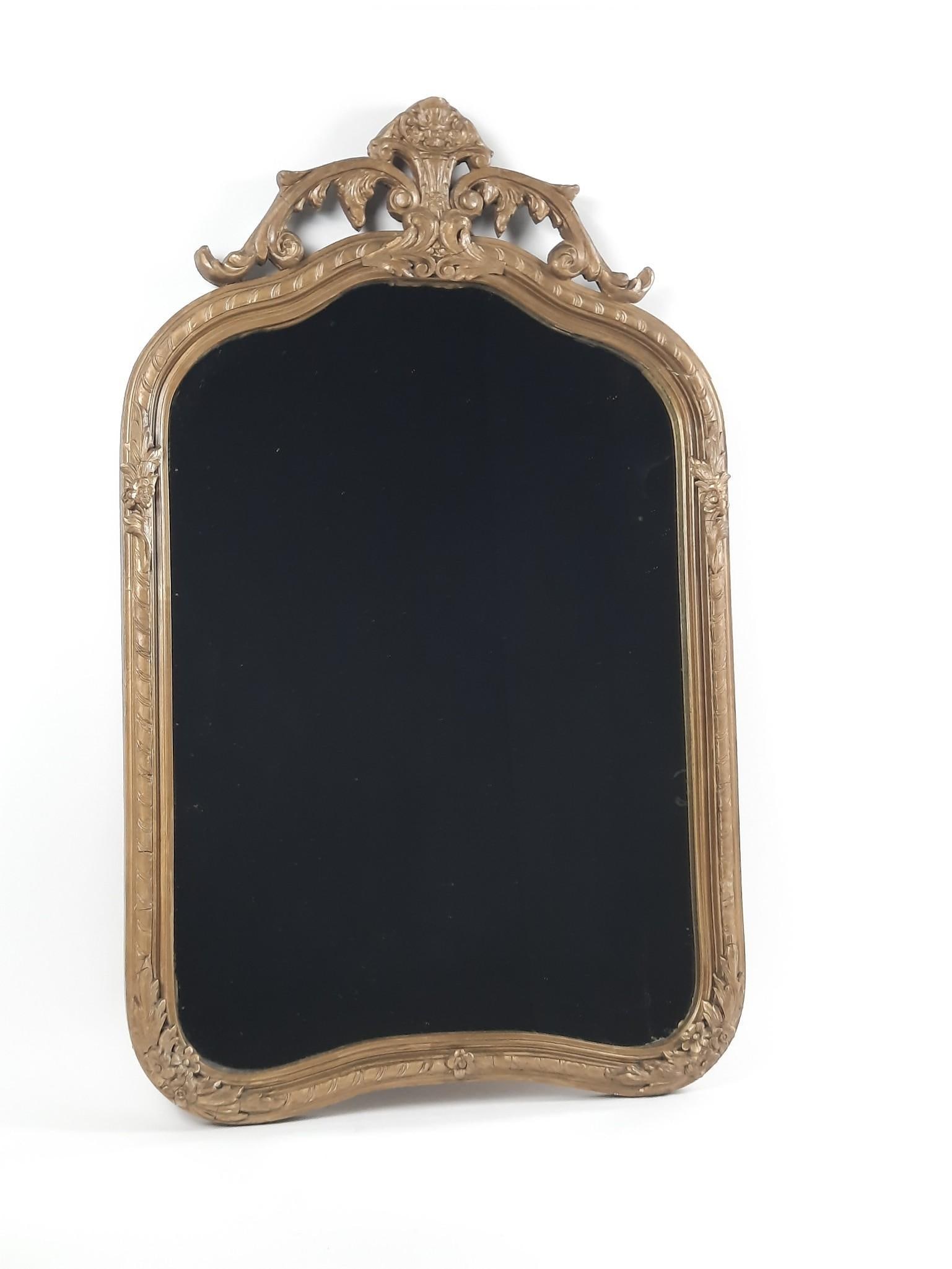 Gilt Wall Mirror: NOT ELIGIBLE FOR IN-HOUSE SHIPPING. Overall with frame: 33" high x 20" wide. Some minor losses to frame. Crack to frame at top right.