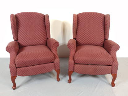 2 Lane Furniture Recliner Wing Back Chairs: NOT ELIGIBLE FOR IN-HOUSE SHIPPING. Each 30-1/2" wide X 34-1/2" deep X 41-1/2" high. Both have small areas of discoloring.