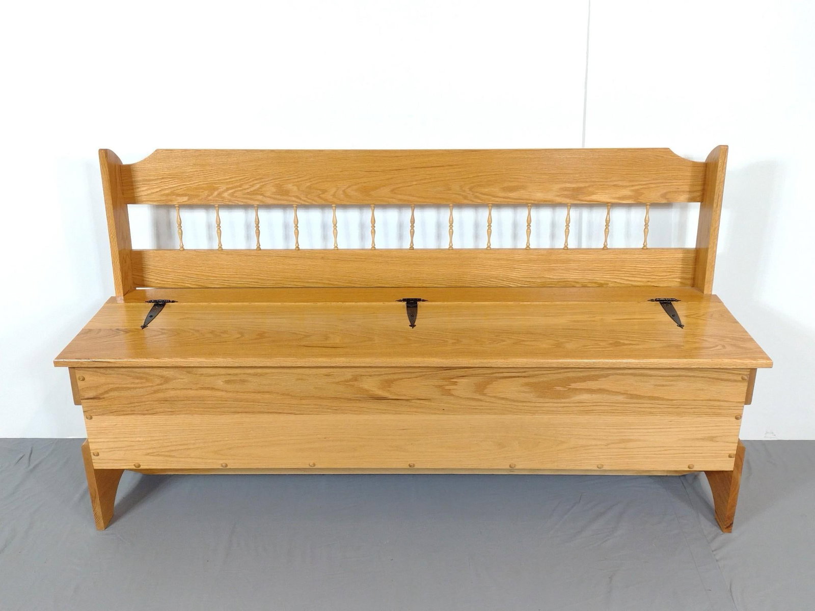 Storage Bench: NOT ELIGIBLE FOR IN-HOUSE SHIPPING. 61" wide X 20" deep X 33-1/2" high. No manufactures name found.