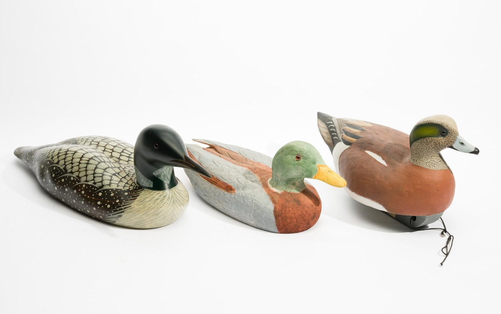 3 Decoy Ducks incl Hudson Decoy Co.: Includes John Geverth, unknown artist, and Hudson. 15" to 23" wide x 5-1/2" to 7" deep x 6-1/2" to 8" high.