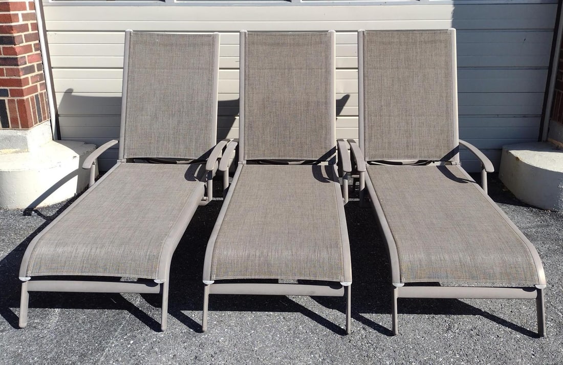 3 Sunbrela Outdoor Lounge Chairs: NOT ELIGIBLE FOR IN-HOUSE SHIPPING. Each 29-1/2" wide X 67" deep X 44" high. Light wear from use.