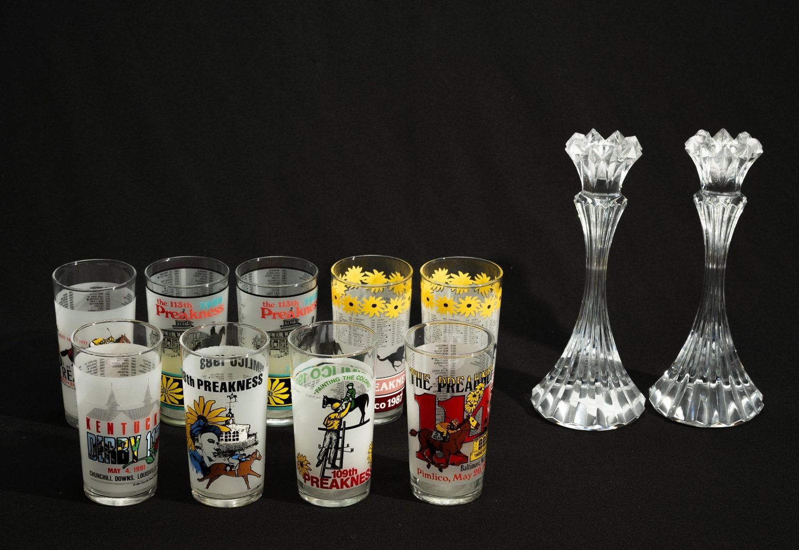 Horse Derby Glasses and Mikasa Candle Stick Holders: Includes 9 various horse derby glasses. 5-1/2" to 10" high.