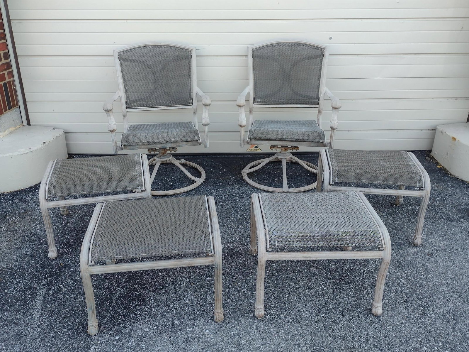 2 Outdoor Chairs with 4 Ottoman: NOT ELIGIBLE FOR IN-HOUSE SHIPPING. Chairs 27-1/2" wide X 25" deep X 38" high. Ottoman 22" wide X 19-1/2" deep X 16" high. All with wear. No manufactures name found.