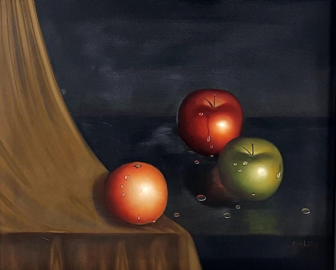 K. Alden Fruit Still Life Painting: NOT ELIGIBLE FOR IN-HOUSE SHIPPING. Sight: 19-1/2" high x 23-1/2" wide. Overall with frame: 21-1/4" high x 25-1/2" wide.
