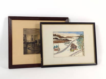 Gil Lyons Winter Watercolor and Wallace Nutting Print: NOT ELIGIBLE FOR IN-HOUSE SHIPPING. Sight: Each 7-1/2" high x 9-1/2" wide. Overall with frames: 13" to 14-1/2" high x 17" to 17-1/2" wide. Some wear / losses to frames. Some discoloration to mat board