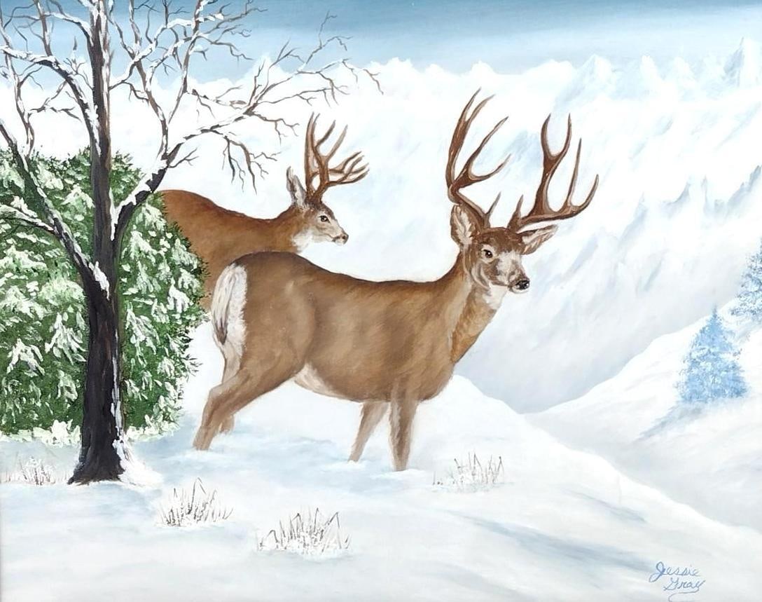 Jessie Gray Winter Deer Painting: NOT ELIGIBLE FOR IN-HOUSE SHIPPING. Sight: 15-1/2" high x 19-1/2" wide. Overall with frame: 22" high x 25-3/4" wide.