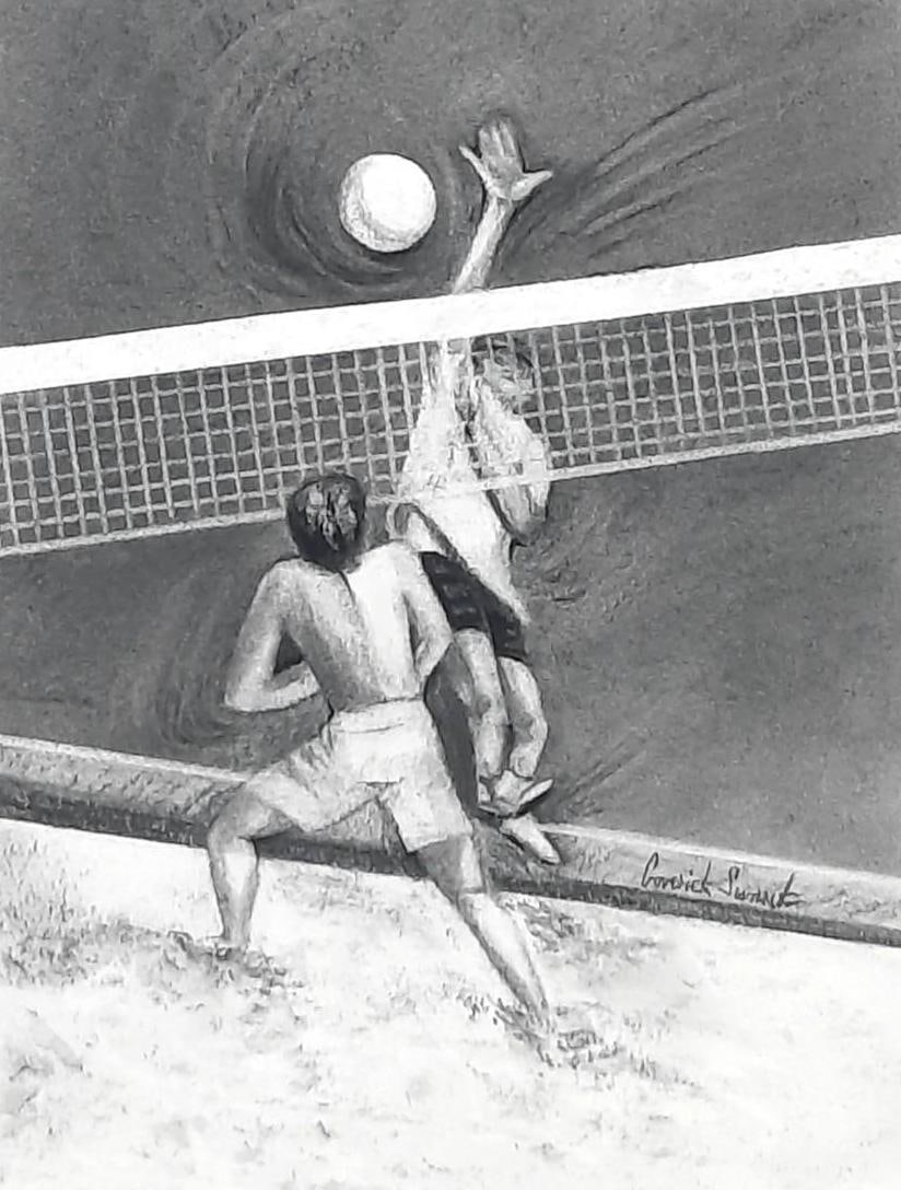 Sharon Goverick Swank Volleyball Charcoal: NOT ELIGIBLE FOR IN-HOUSE SHIPPING. Sight: 13-1/4" high x 10-1/2" wide. Overall with frame: 20-1/4" high x 16-1/4" wide.