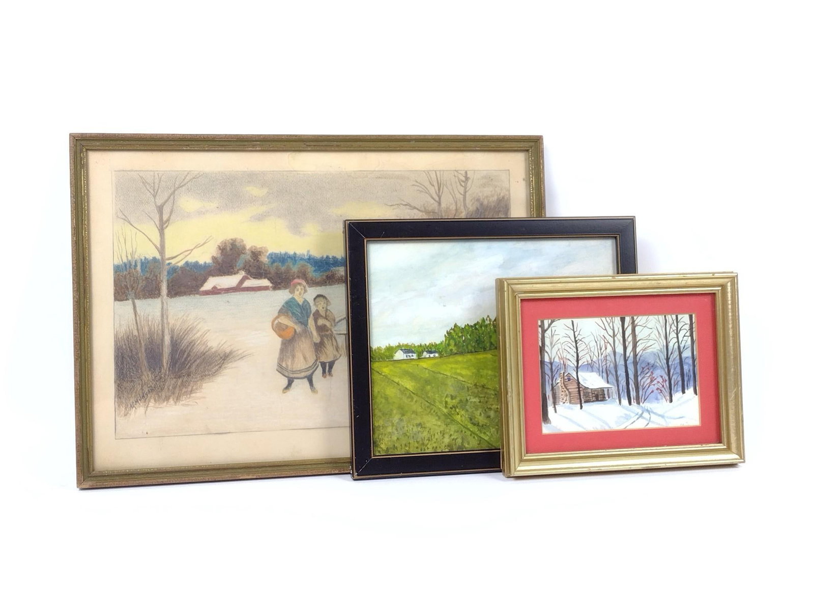 2 Watercolors and Drawing incl Winter Scenes: NOT ELIGIBLE FOR IN-HOUSE SHIPPING. Sight: 4" to 9-1/2" high x 6" to 14-3/4" wide. Overall with frame: 7-1/4" to 12-1/4" high x 9" to 17-1/4" wide. Some discoloration and spotting to drawing. Minor we