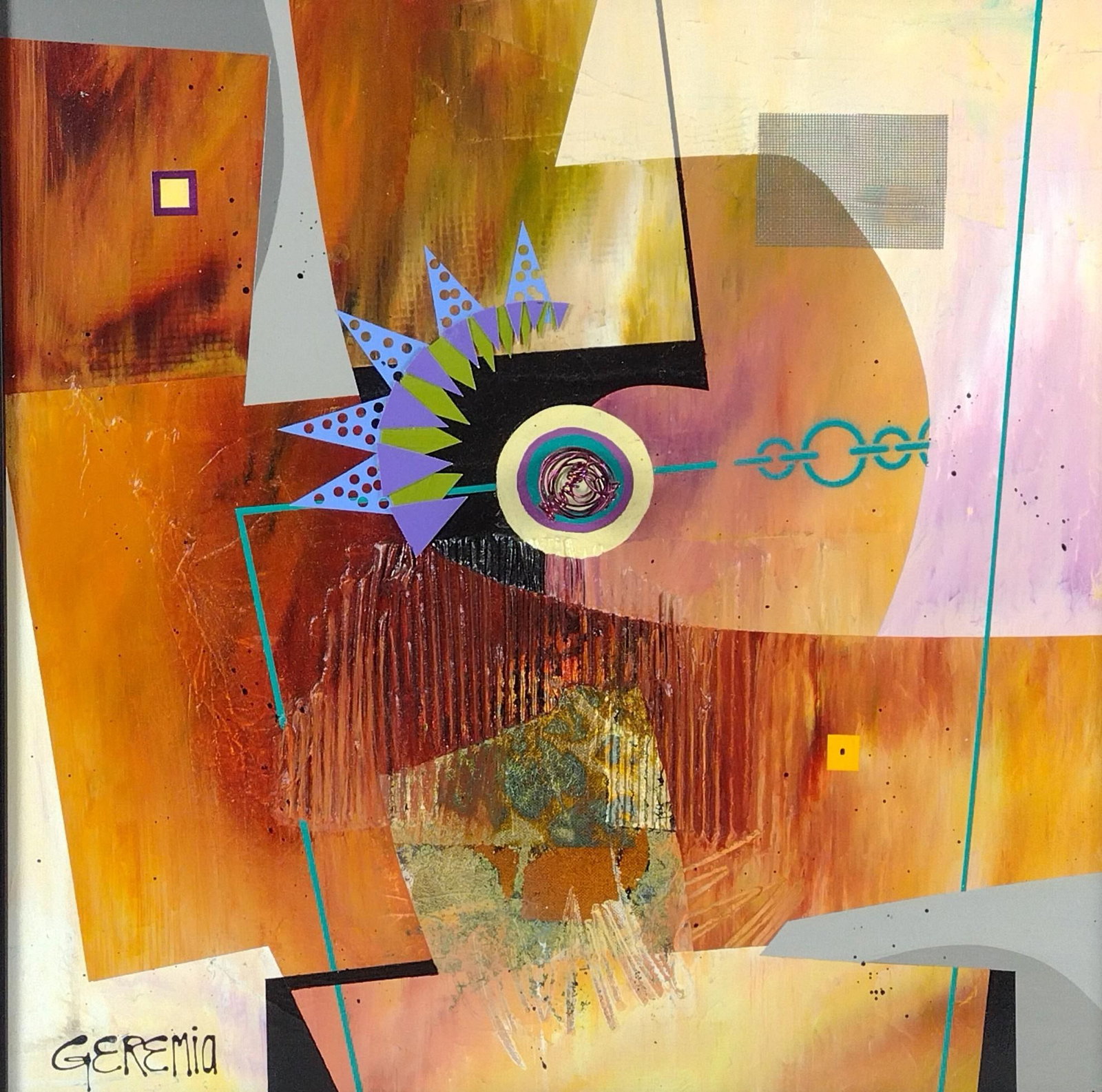 Geri Geremia "Burnt Ember" Mixed Media: NOT ELIGIBLE FOR IN-HOUSE SHIPPING. In 1999 Geri’s passion for abstract painting drove her to take what she describes as a “risky step”, embarking on a new phase that saw her completely brea