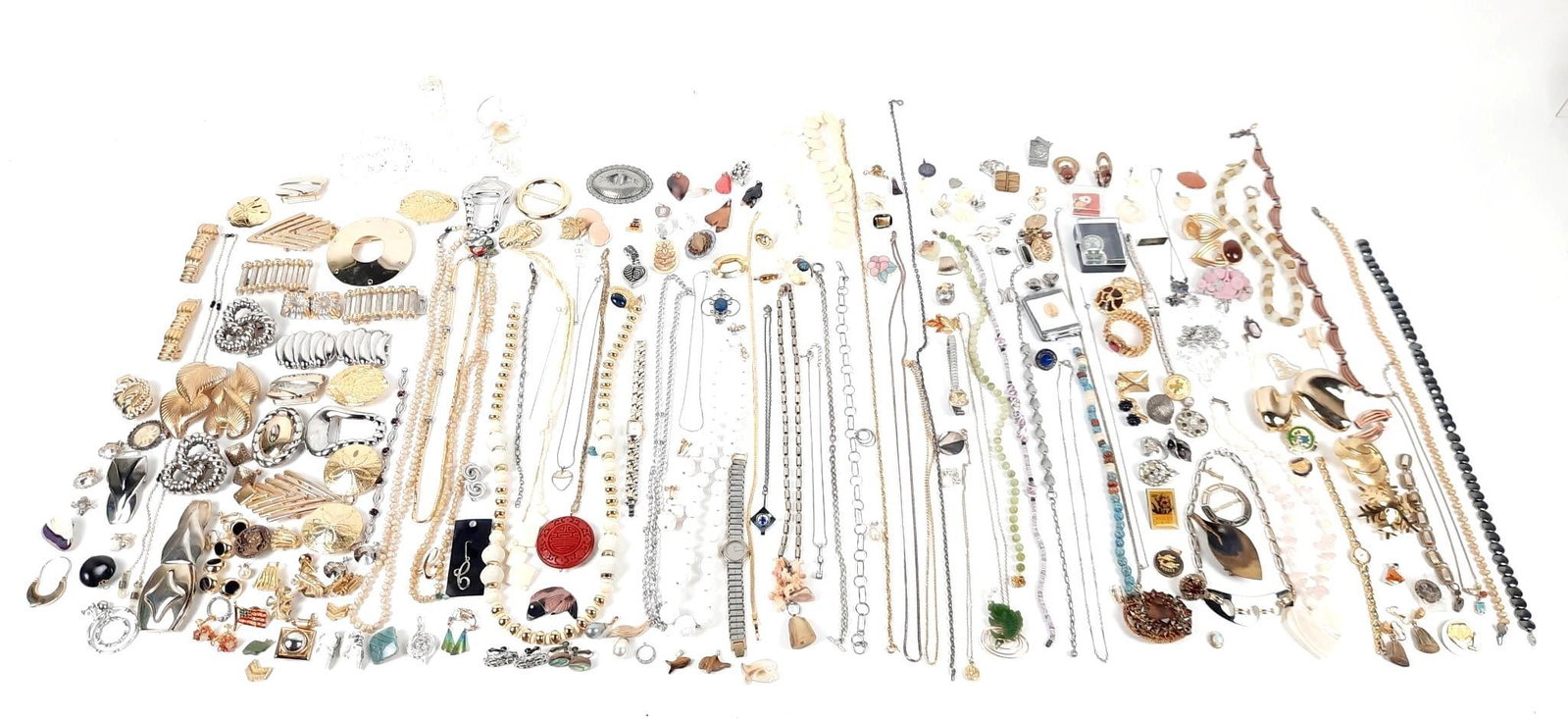 Lg Grouping Costume Jewelry incl Sterling & Gold Filled: Vintage costume jewelry including Les Bernard pieces, Napier, Austrian rhinestones, and more. Some chains are broken.