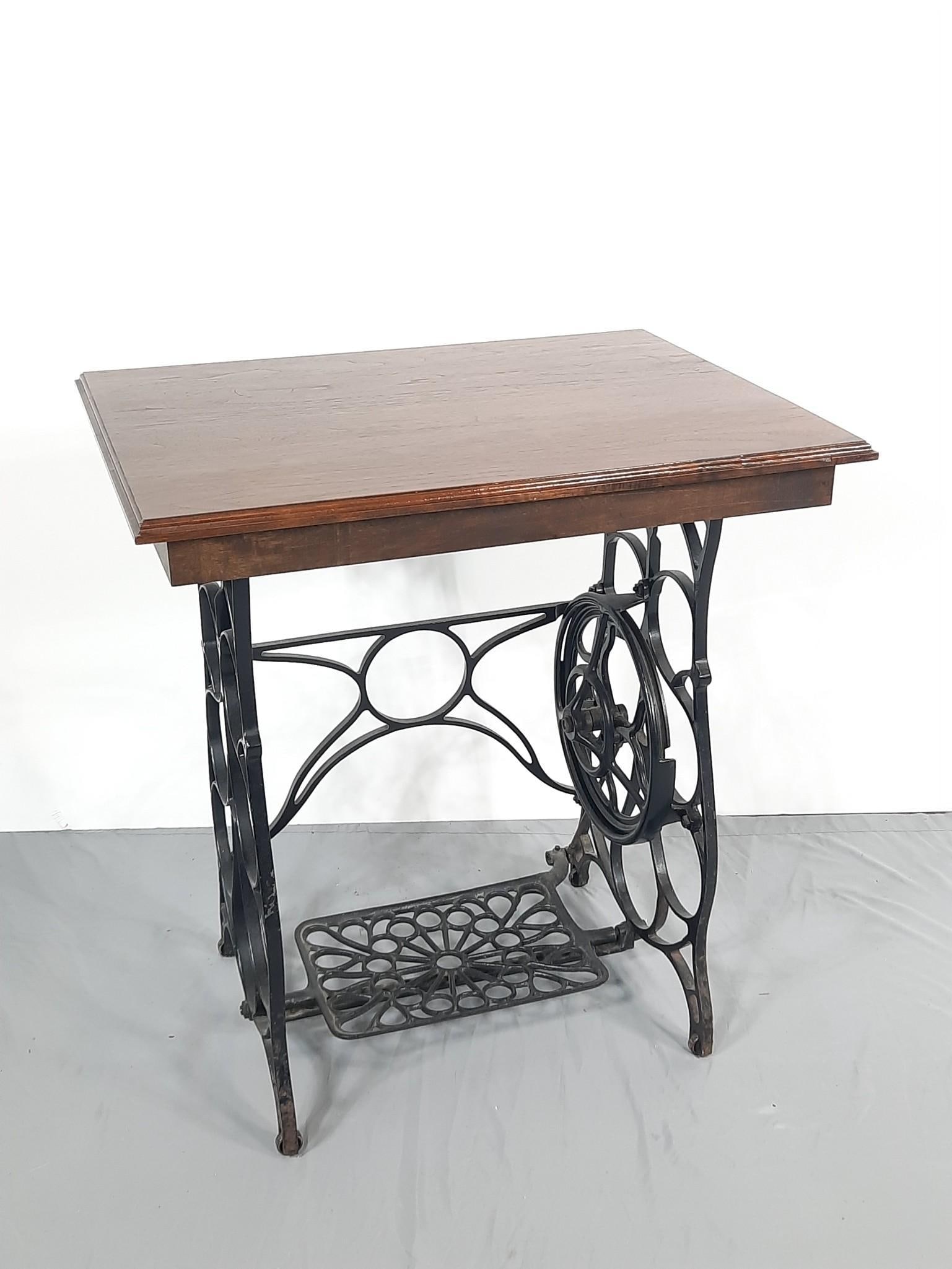Side Table with Sewing Treadle Base: NOT ELIGIBLE FOR IN-HOUSE SHIPPING. 28" wide x 21" deep x 30-1/2" high.