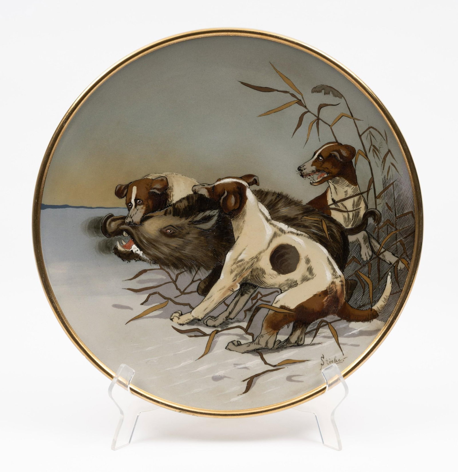 Villeroy and Boch Mettlach Art Charger Featuring a Boar Hunt: Villeroy & Boch, number 2071, artist signed lower right, gilt rim, hand painted. 15-1/2" diameter.