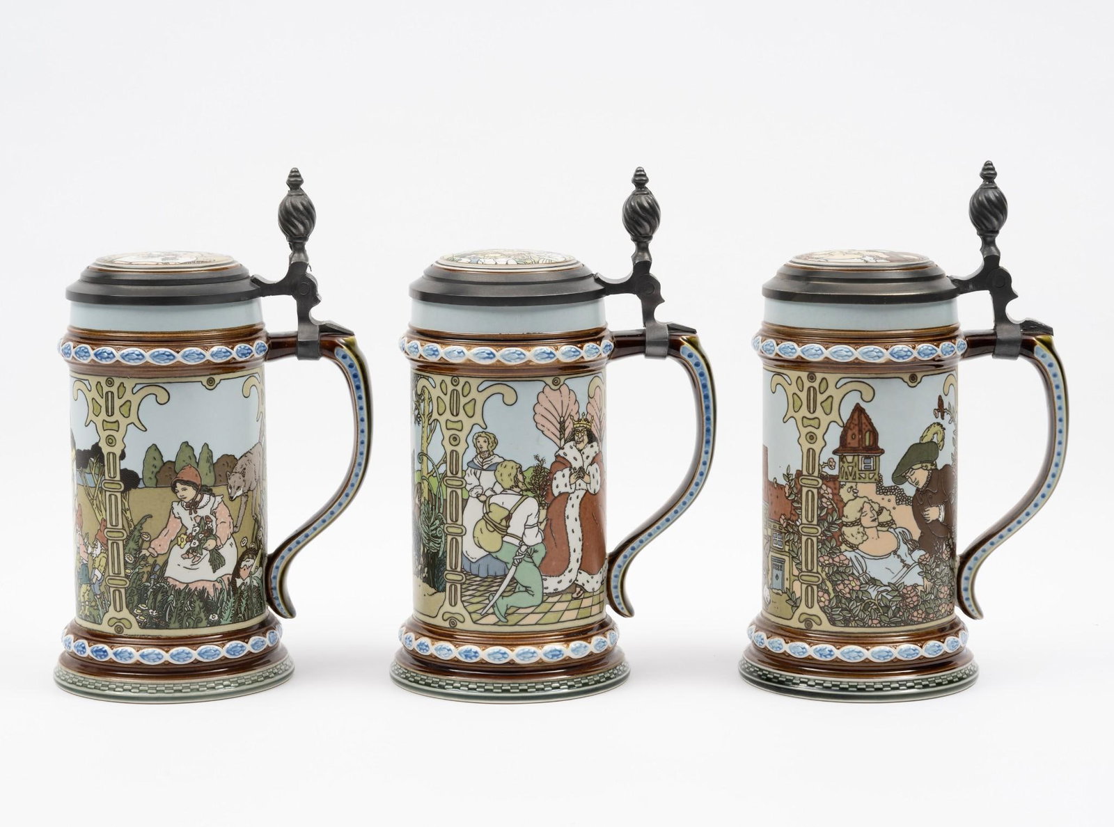 3 Villeroy and Boch Steins incl Brothers Grimm: Also includes Snow White and The Severn Dwarfs and The Twelve Dancing princesses. Each: 4-1/4" wide x 5-3/4" deep x 9" high.