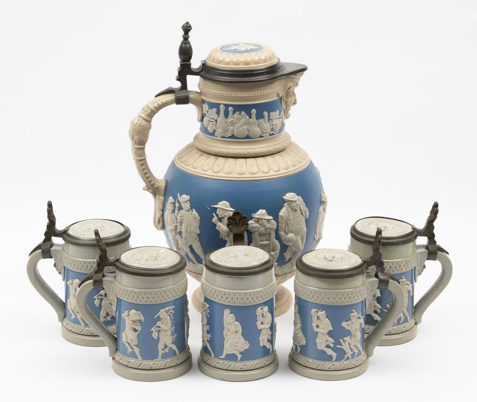 Mettlach Stoneware Pitcher with 5 Mugs (1 of 9)