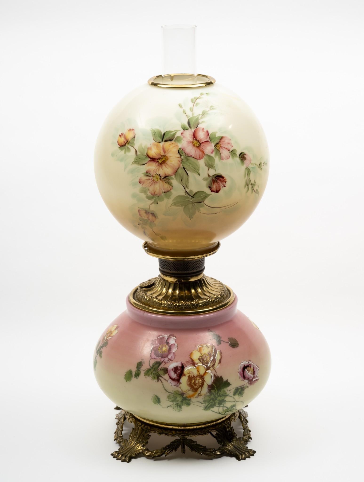 Gone with the Wind Lamp: Working. The shade is a marriage to the lamp base. Overall 10" diameter x 24-1/2" high. Some roughness to opening of shade.