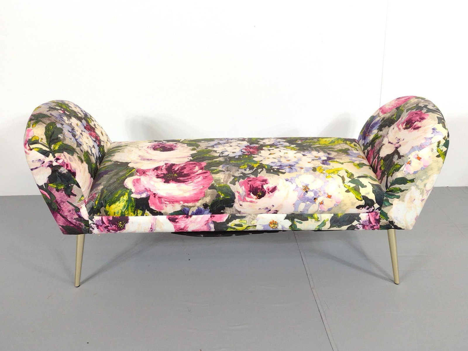 Floral Print Bench: NOT ELIGIBLE FOR IN-HOUSE SHIPPING. 54" wide X 16-1/2" deep X 24" high. Manufactured by Fongguan Dongle Furniture Co.