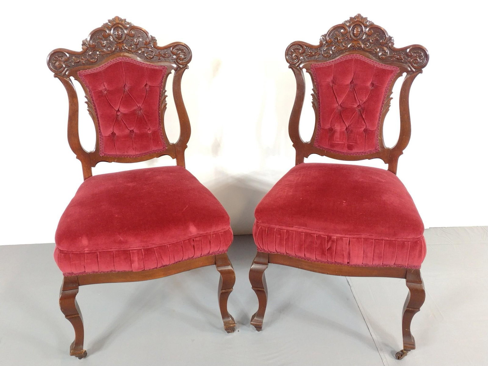 Pair Of Victorian Side Chairs: NOT ELIGIBLE FOR IN-HOUSE SHIPPING. Each 20-1/2" wide X 20-1/2" deep X 37-3/4" high.