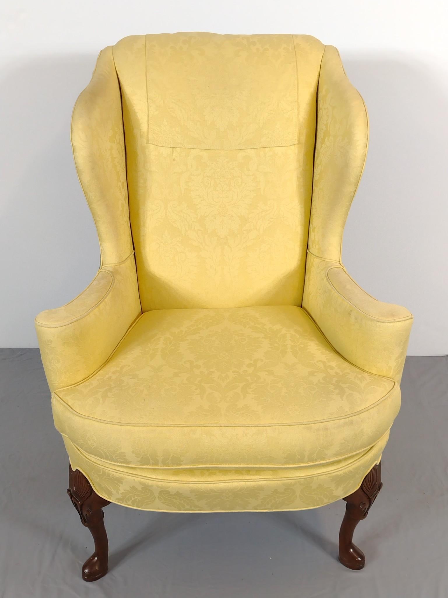 Wingback Chair: NOT ELIGIBLE FOR IN-HOUSE SHIPPING. 31-1/2" wide X 30" deep X 43" high. Has some wear on Arm rests. Also has some areas of discoloring. PROVENANCE: Sale of this item to benefit Historic Harrisburg Ass