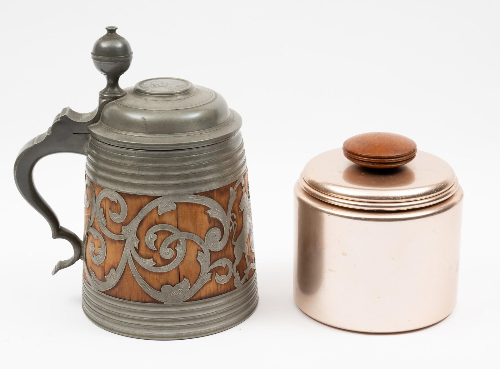 Copper Mirro Canister and Carlos VS XII Wood and Pewter Mug: 5-1/2" to 8-3/4" high. Some splits to wood.