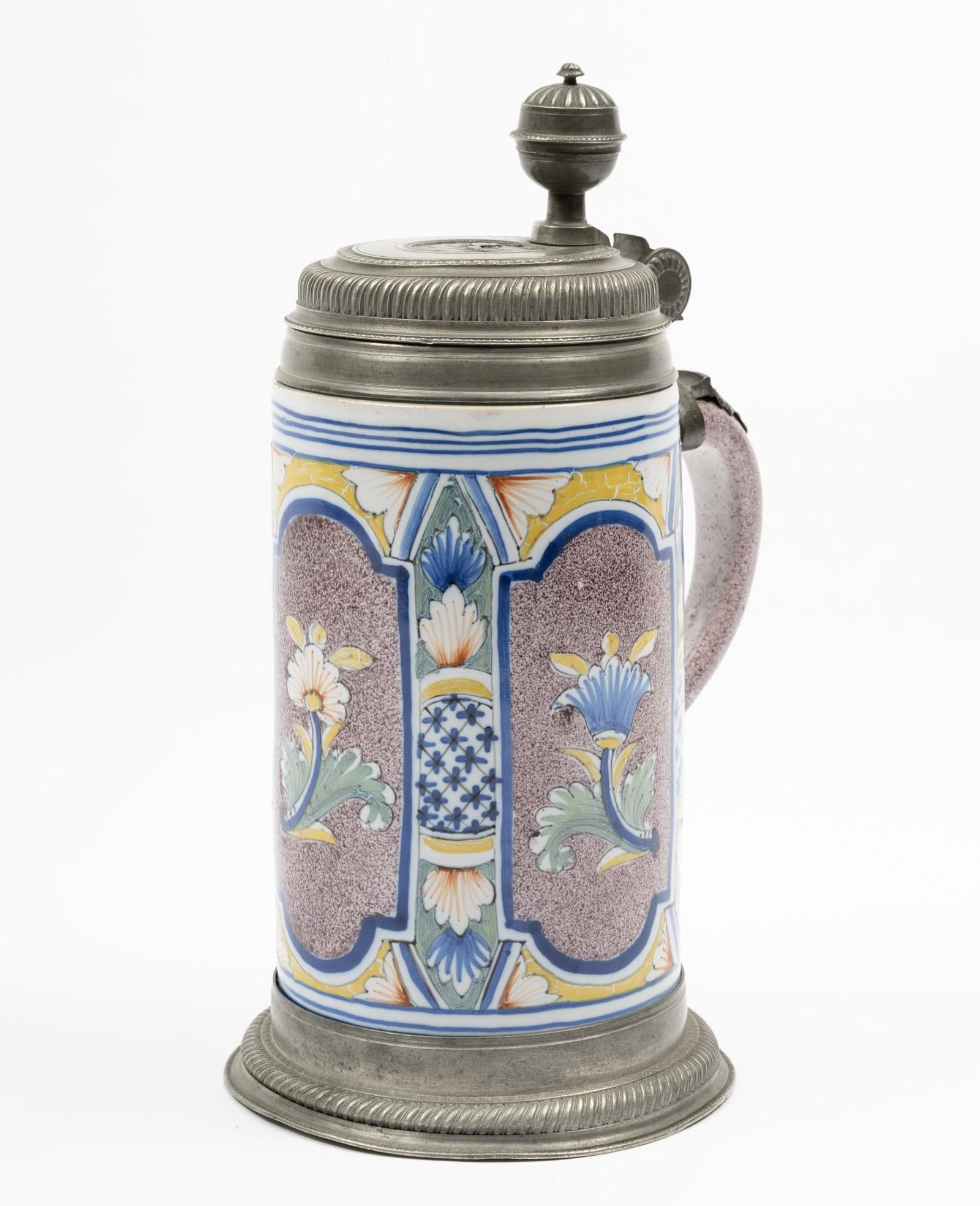 Majolica Style Ceramic Stein with Pewter Mounts: 5-1/4" wide x 5-3/4" deep x 10-1/2" high.