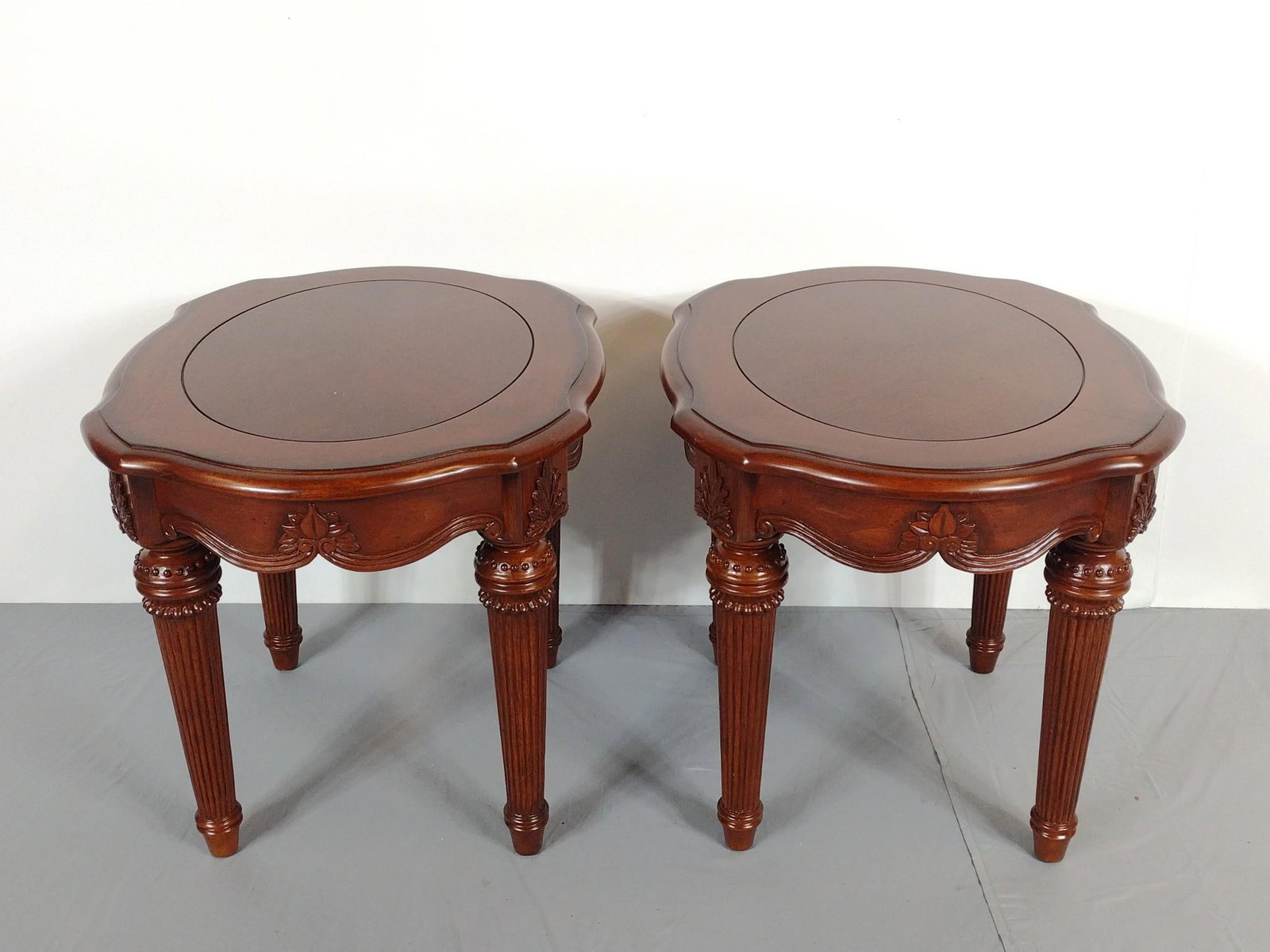 Pair of End Tables: NOT ELIGIBLE FOR IN-HOUSE SHIPPING. Each 23" wide X 28" deep X 23-1/4" high. No manufactures name found.