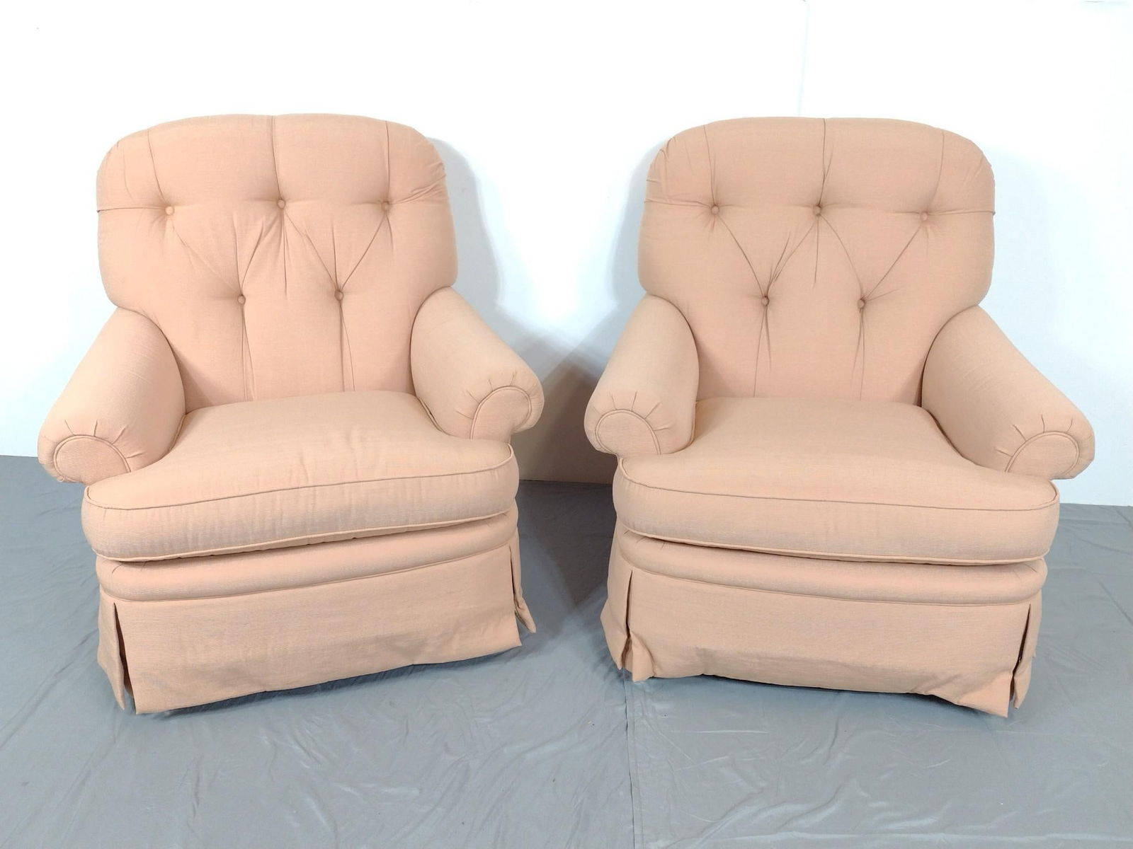 Pair of Jessica Charles Upholstered Armchairs: NOT ELIGIBLE FOR IN-HOUSE SHIPPING. 36" wide X 36" deep X 38" high.