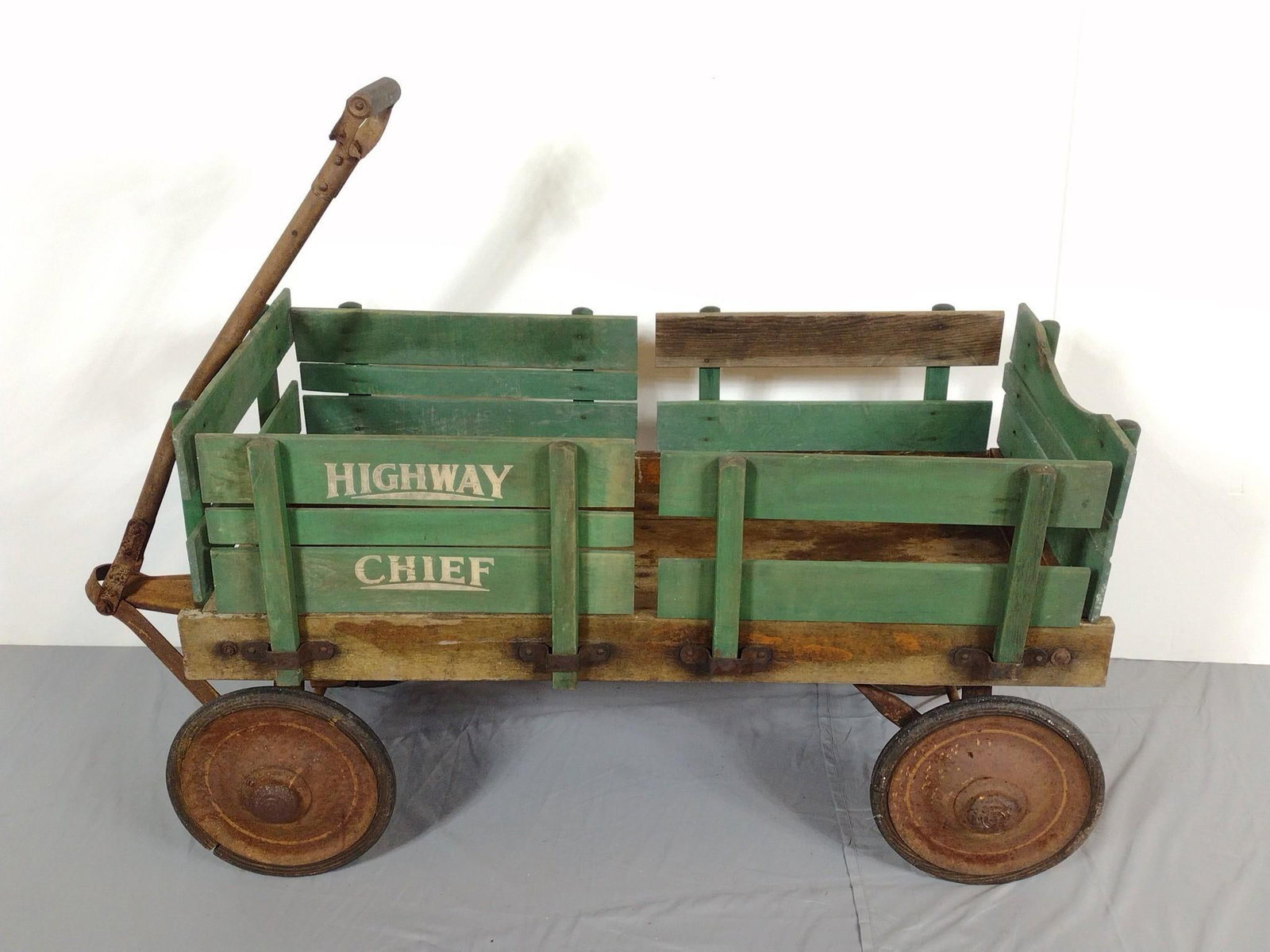 Highway Chief Wagon: NOT ELIGIBLE FOR IN-HOUSE SHIPPING. 18" wide X 43" deep X 21" high. Has finish loss and discoloring. Also has rust.