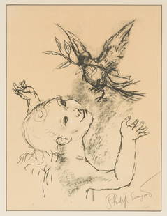Philip Evergood Girl With Bird Print: NOT ELIGIBLE FOR IN-HOUSE SHIPPING. Philip Howard (Blashki) Evergood (1901 - 1973) was active/lived in New York, Connecticut. Philip Evergood is known for Social surreal genre and abstraction painting