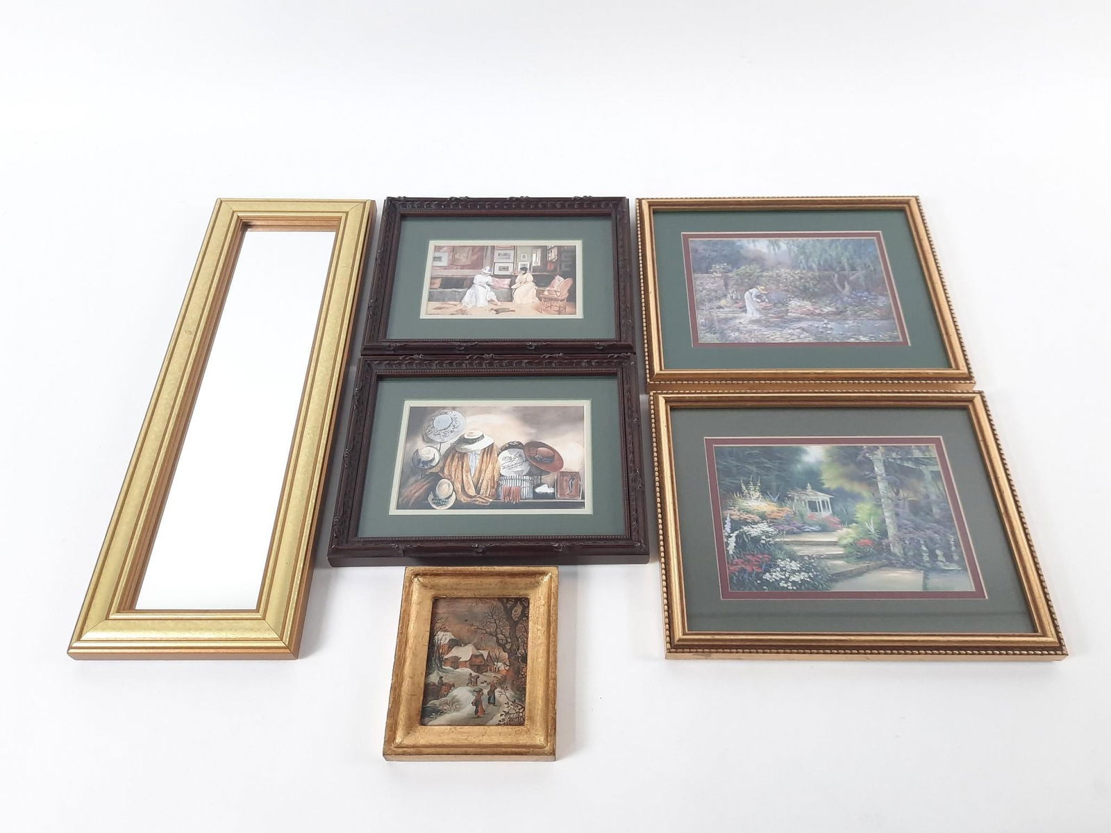 5 Prints & Mirror: NOT ELIGIBLE FOR IN-HOUSE SHIPPING. Art: Sight 3-1/2" to 5" long x 2-5/8" to 6-3/4" wide. Overall 5-1/4" to 9" long x 4-1/2" to 11" wide. Mirror 18" long x 6" wide.