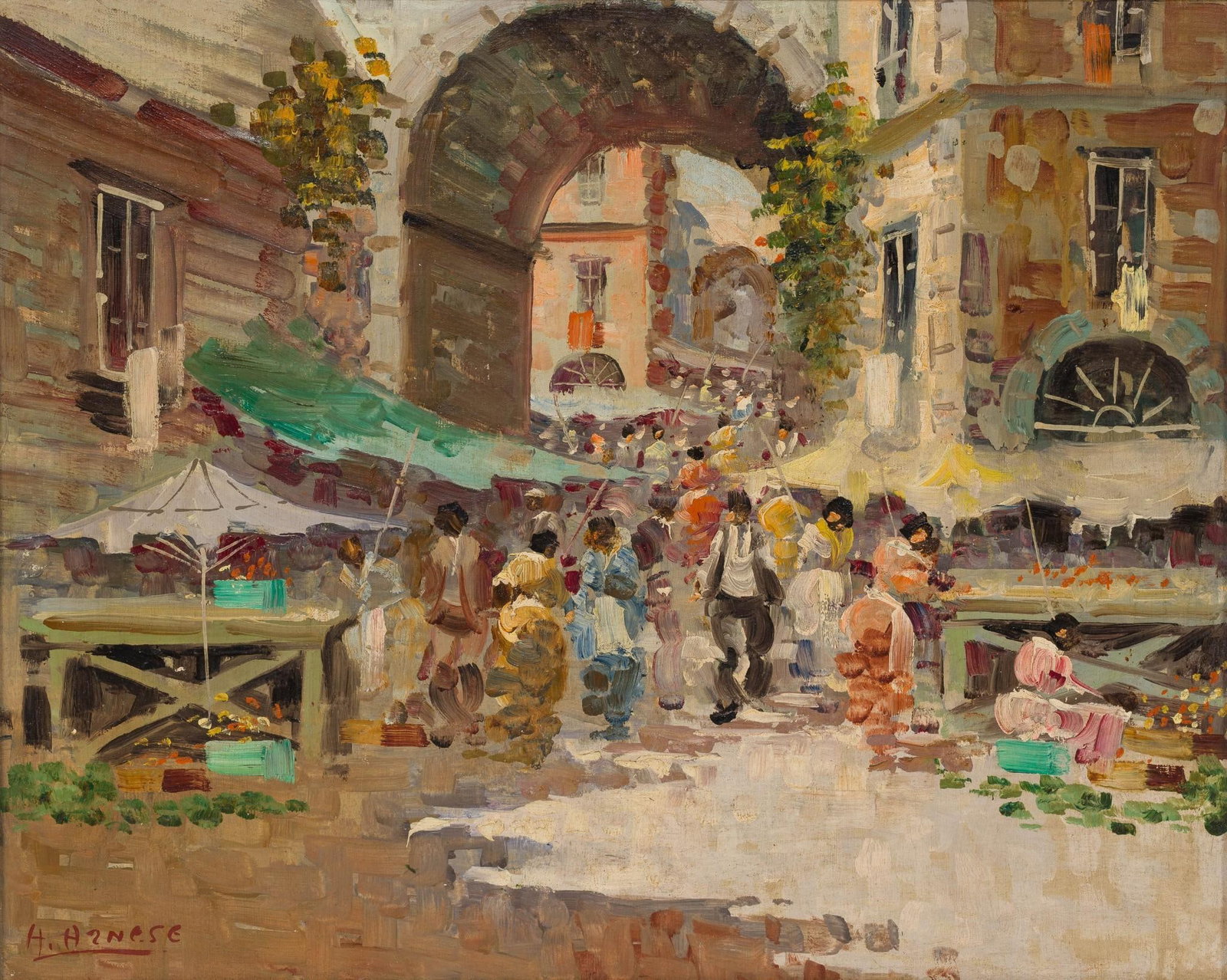 H. Hirese "French Holiday" Oil on Board Painting: Sight: 15-1/2" high x 19-1/4" wide. Overall with frame: 19" high x 22-3/4" wide. Some minor wear to frame.