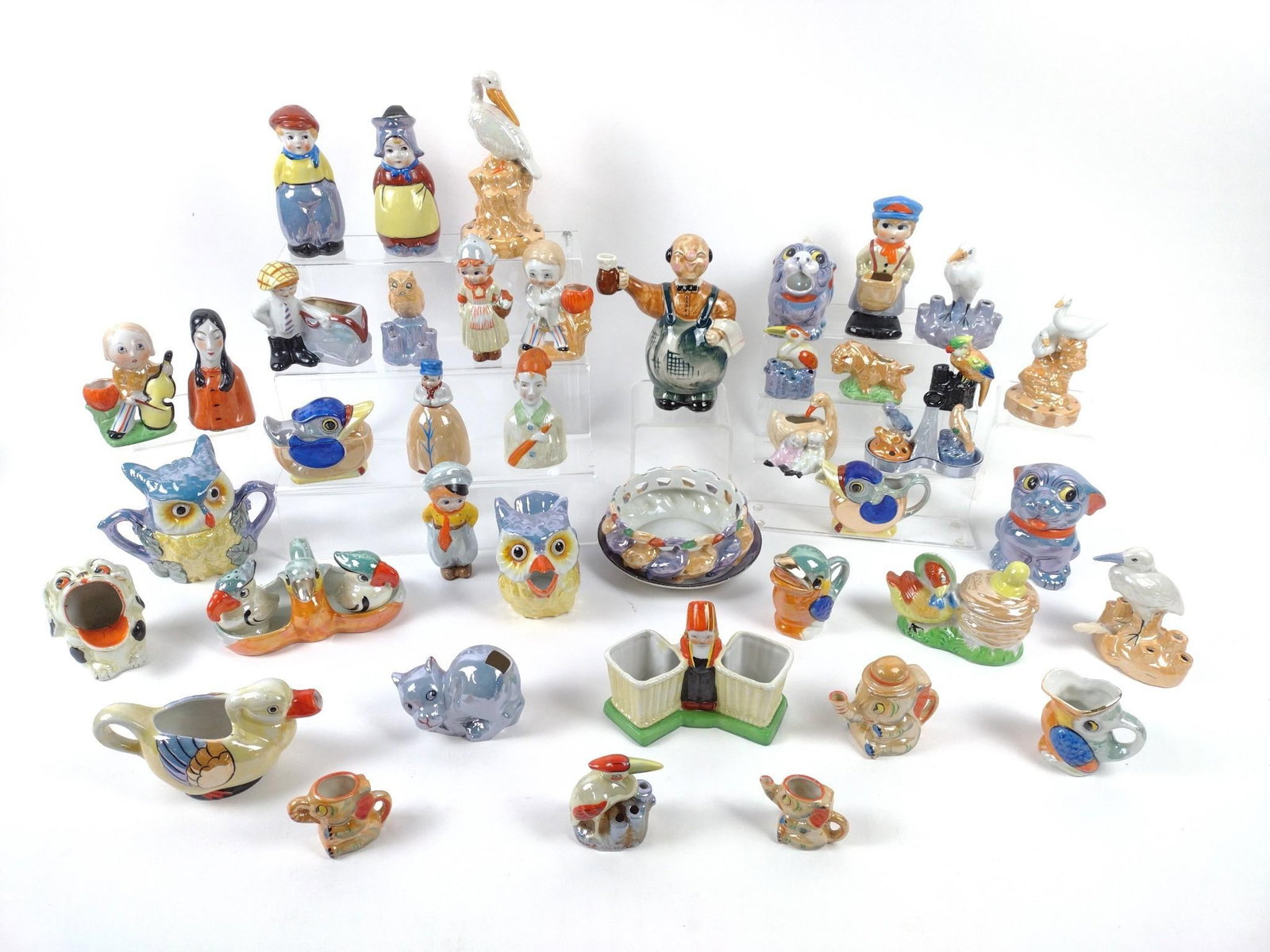 43 Vintage Ceramics incl Japanese Lustre: Includes bells, dishes, and more. 2-1/2" to 6" wide x 2" to 6-1/2" high.