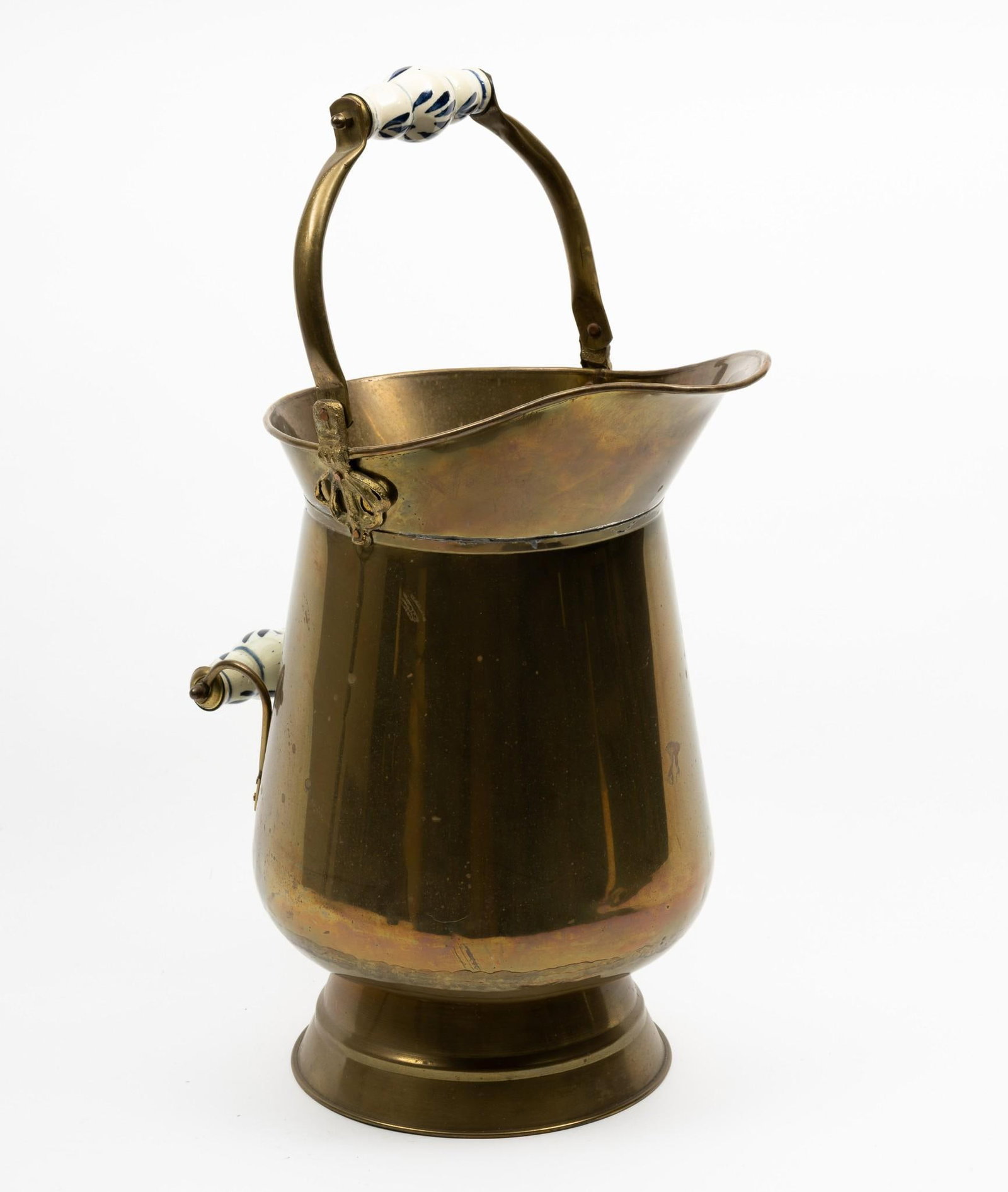 Brass Coal Scuttle: Porcelain handles. 10-3/4" wide x 15-1/4" high.