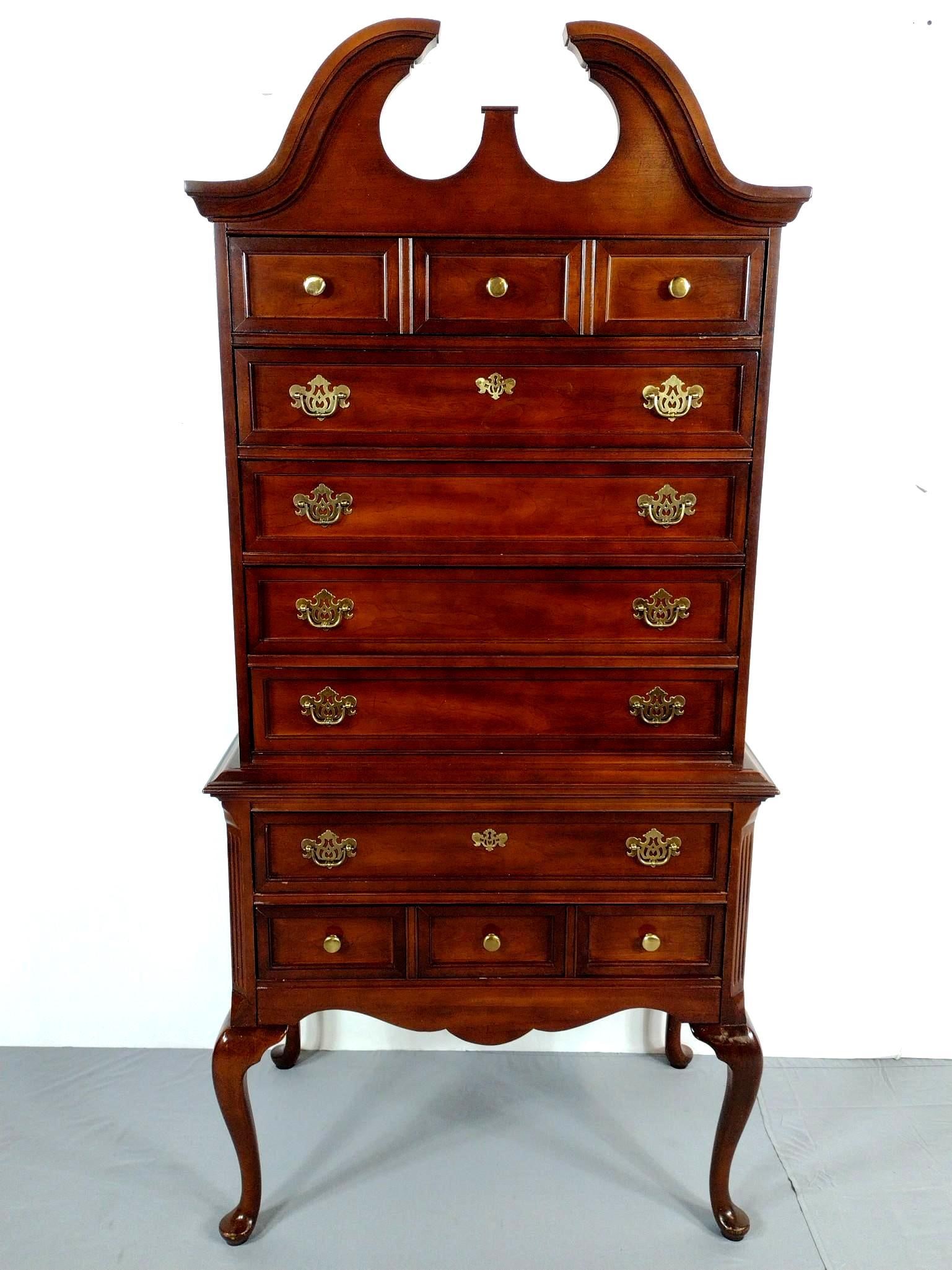 Bassett High Boy: NOT ELIGIBLE FOR IN-HOUSE SHIPPING. 35" wide X 20" deep X 75" high. Has a few light scratches.