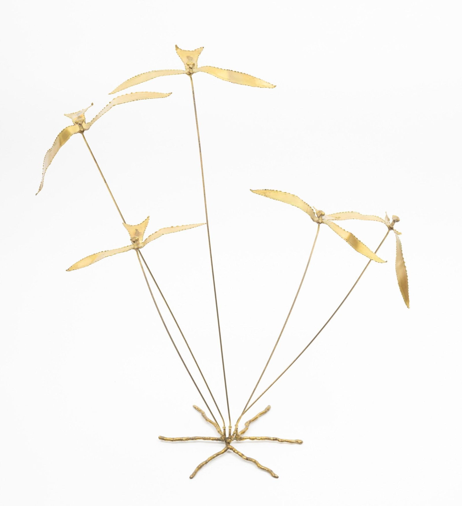D.S. Hulbert Kinetic Brass Sculpture of Seagulls: Overall: 13" wide x 7" deep x 14-1/2" high. Some bends in metal.