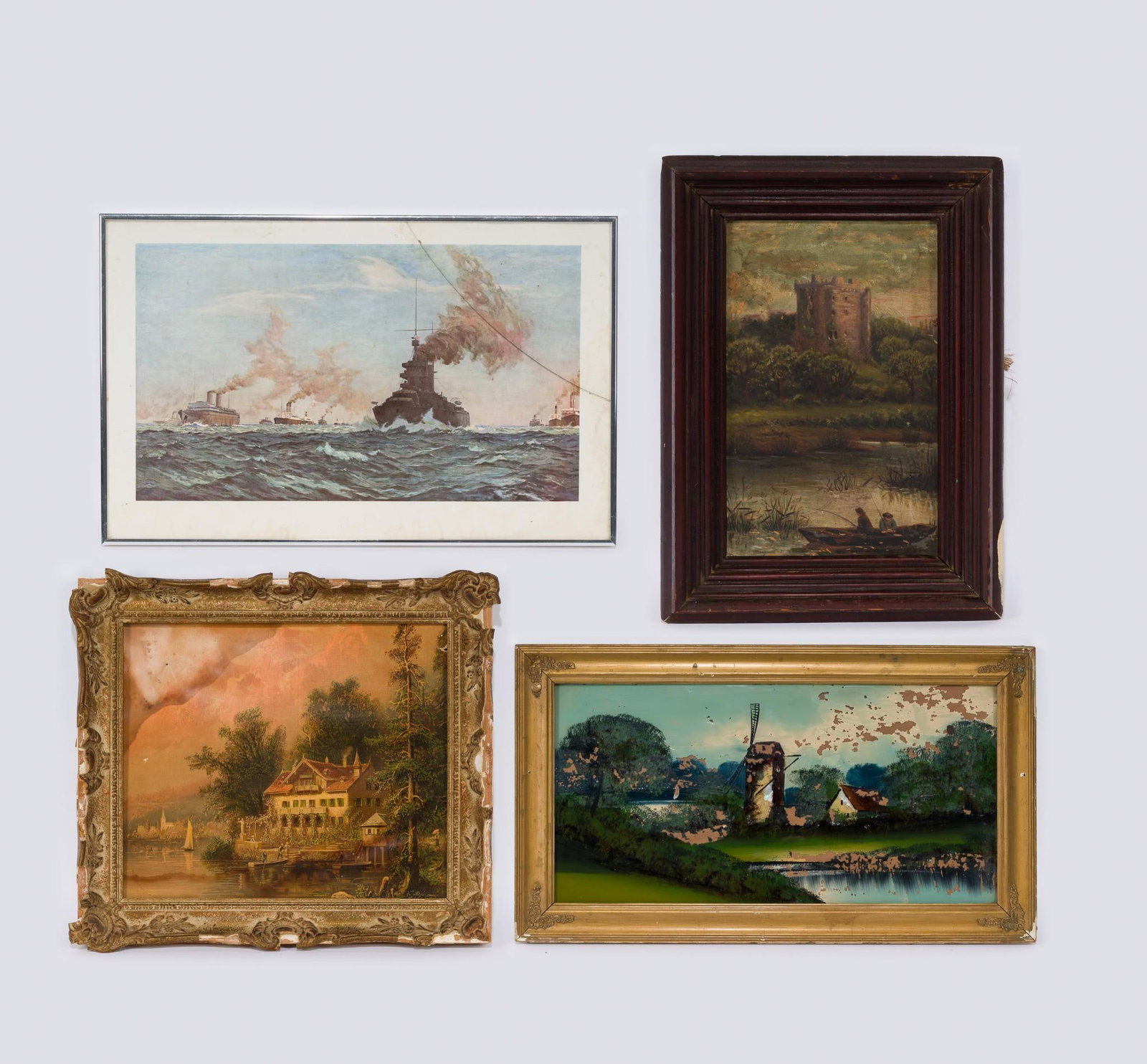 3 Architectural Paintings & Sea Scene: NOT ELIGIBLE FOR IN-HOUSE SHIPPING. Paint losses, water damage and losses to frames. Sea scene with crack in glass. Sight 9-3/4" to 15-1/4" high x 9-1/2" to 19-1/4" wide.