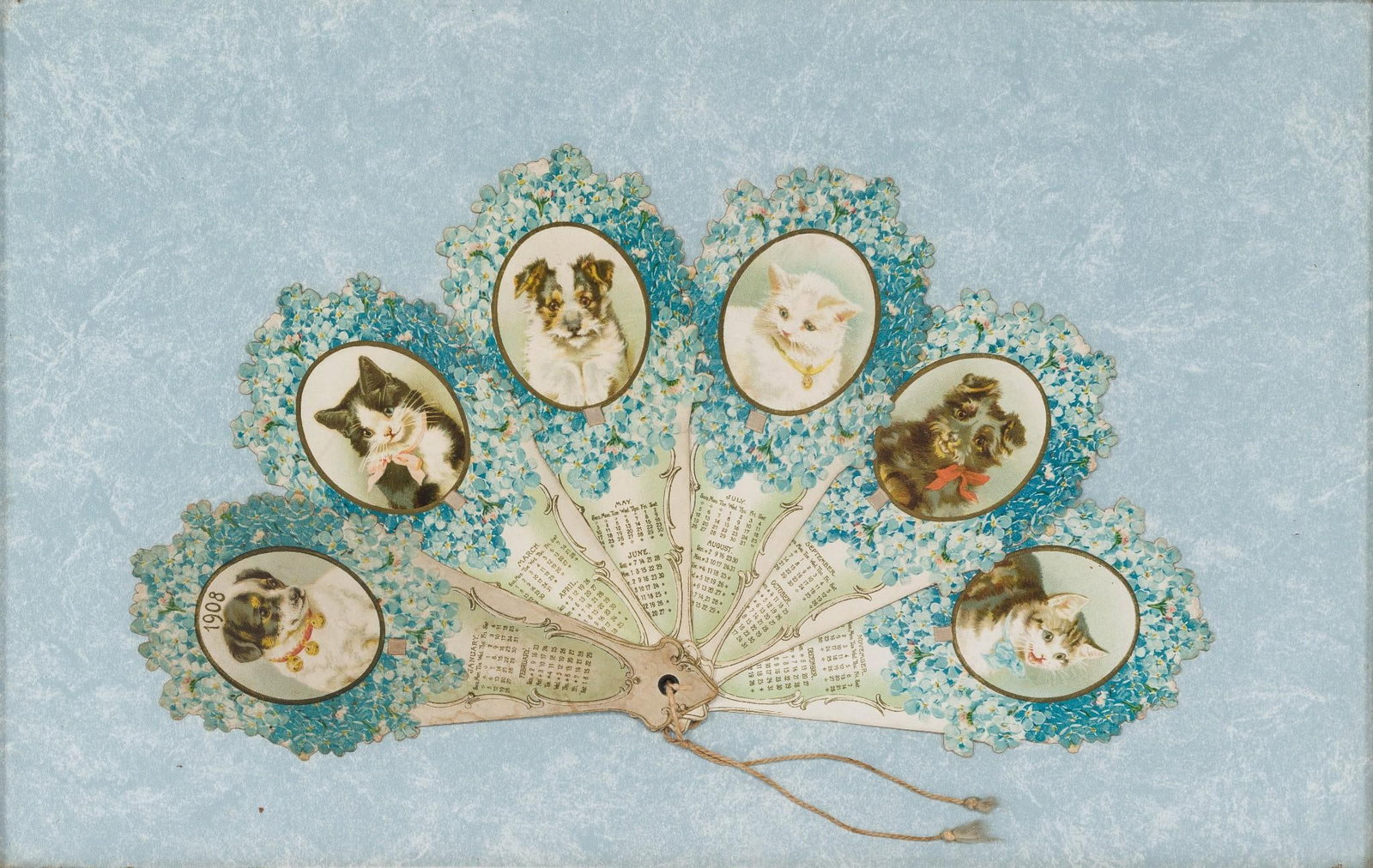 Framed Antique Calendar Fan: Cat and dog calendar fan. 14" high x 19-3/4" wide.