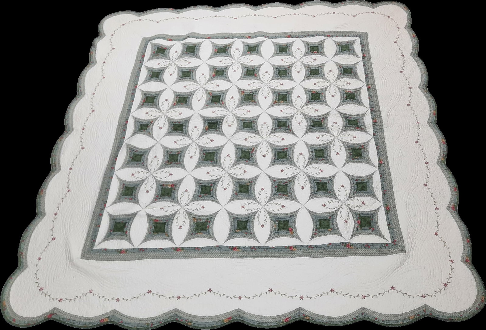 Patchwork Quilt: 7' 7" wide x 7' 5-1/2" long.