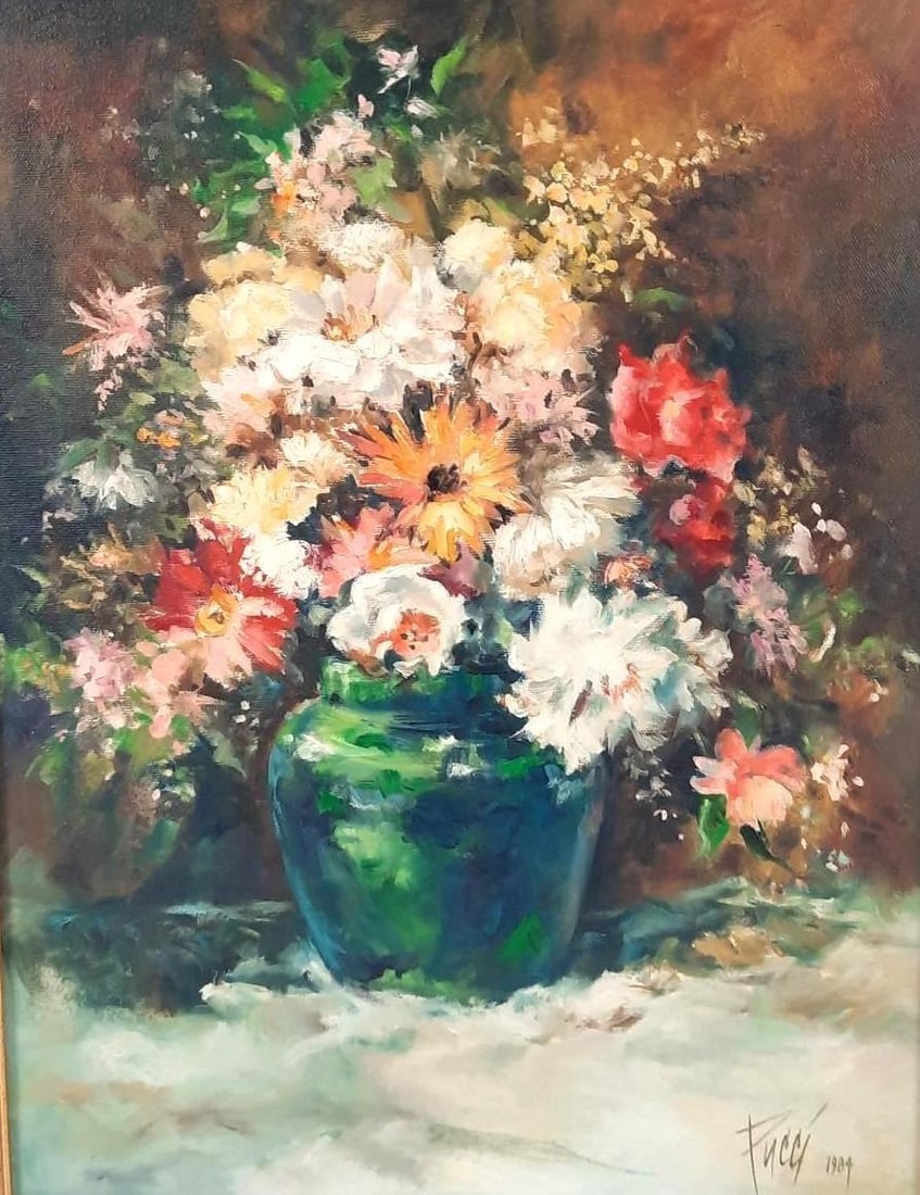 Pucci Floral Still Life Painting: NOT ELIGIBLE FOR IN-HOUSE SHIPPING. Signed and dated 1984 at lower right. Sight: 17-1/2" high x 13-1/2" wide. Overall with frame: 19-1/2" high x 15-1/2" wide.