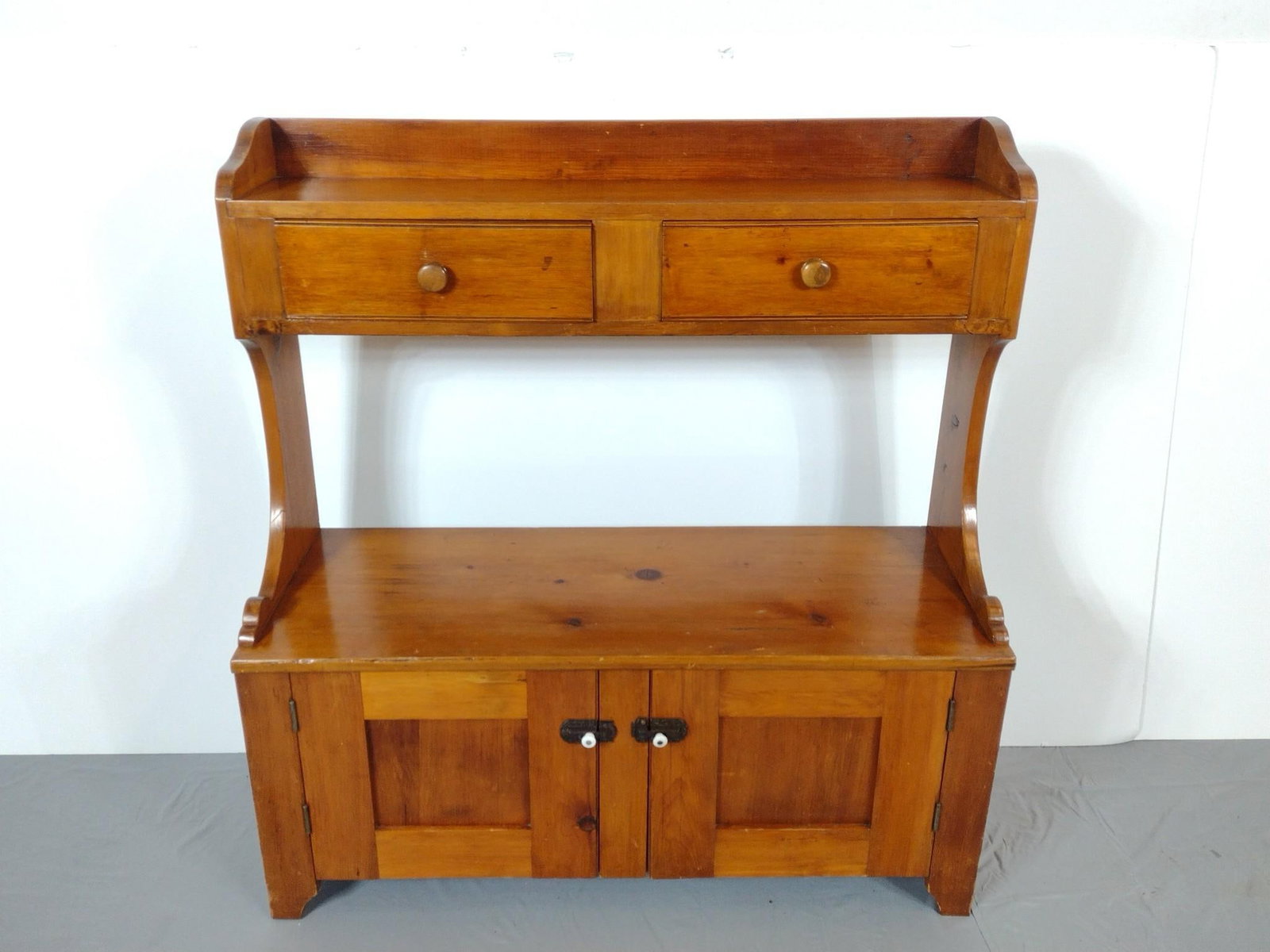 Bucket Bench: NOT ELIGIBLE FOR IN-HOUSE SHIPPING. 42" wide X 15-1/2" deep X 44-1/4" high. Has some light scratches.