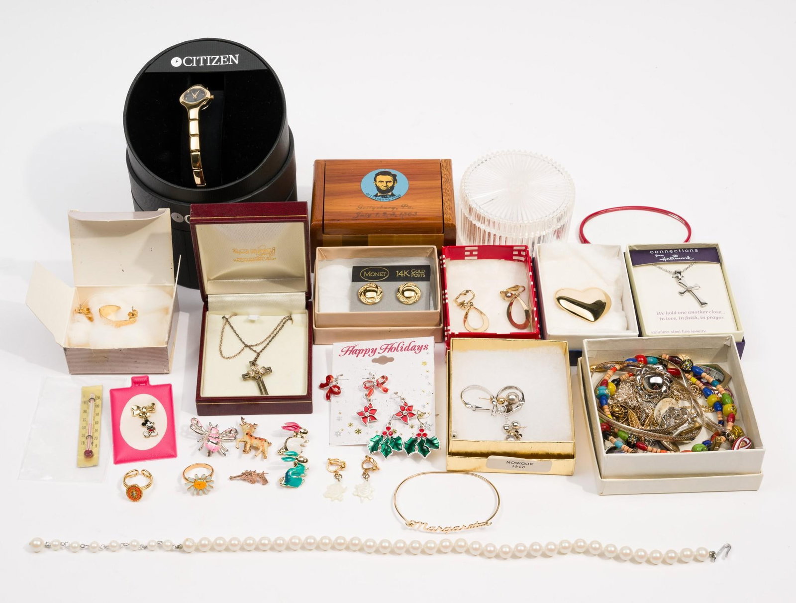 Grouping of Costume Jewelry incl Holiday: Includes earrings, necklaces, bracelets, pins, and more.
