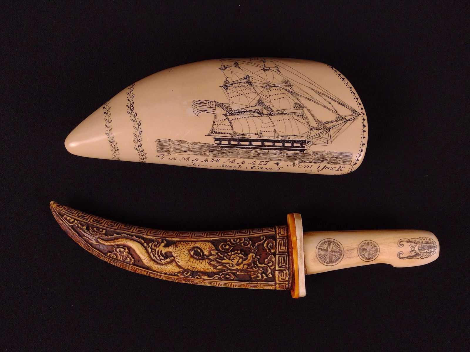 Scrimshaw Tooth and Carved Dagger: 7-1/2" to 10-1/2" long.